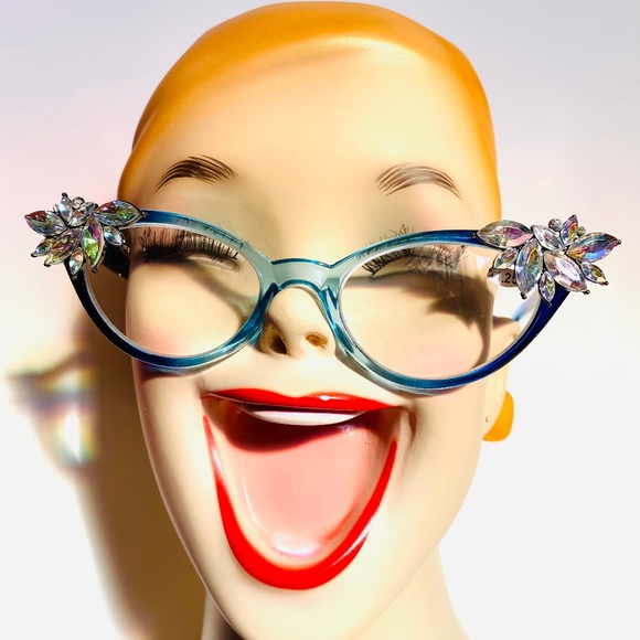 Retro Readers Custom, Blue Ombre Frames w/Ab Rhinestones, +1.25 Reading Glasses - Picture 3 of 7